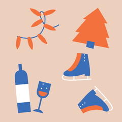 Xmas Baubles and Decoration. Cartoon Vector Illustration, Icon, Clip Art. Minimalist holiday aesthetics. Christmas Tree Toys in Cute Scandinavian Folk Style.