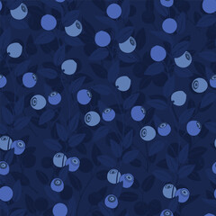 Blueberry.  Seamless pattern with wild berries on blue. Stylish vector floral background. Perfect for design templates, wallpaper, wrapping, fabric, print and textile.
