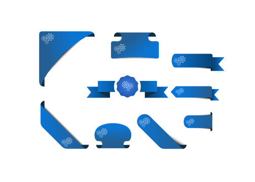 Blue business label set vector illustration with gears. Blank 3d price tag design with cogwheel to use in promotion, business, idea, brainstom, projects. 
