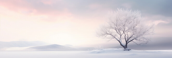 Frost covered lonely tree in the snowy field. Beautiful winter landscape.