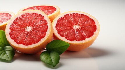 Grapefruit slices with green leaves on white background with copy space. Ai generative