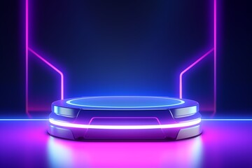 3D podium for product display with neon light on shiny glowing background