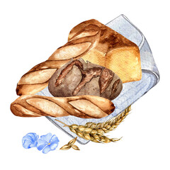 Watercolor composition of rye bread on napkin isolated on white background. Hand drawn illustration variety of bread for bakery. Painted baguette. Element for design bakeshop, signage, grocery store
