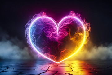 A heart with multicolored neon light and smoke. Dark background. Fantastic landscape. AI	
