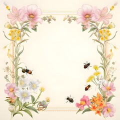 Frame with bees and flowers on a light background.