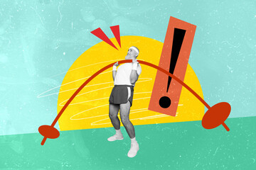 Horizontal photo collage of fit retired senior man lift heavy barbell sportswear motivation healthy lifestyle practice on drawing outdoors background