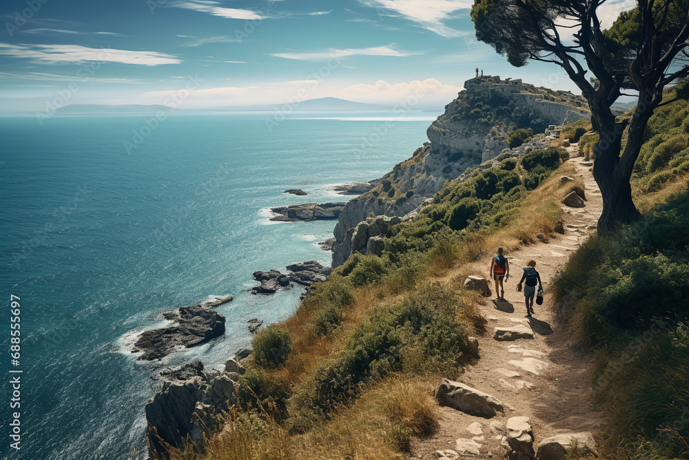 Canvas Prints  A group of hikers on a cliffside trail, experiencing breathtaking views of the sea, navigating a challenging path at exhilarating heights.
