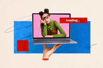 Horizontal surreal photo collage of hand hold computer laptop with bored sad young girl woman...