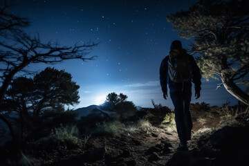  Hikers embark on a night hike under a starry sky, guided by moonlight, encountering nocturnal wildlife and celestial beauty in a peaceful night.
