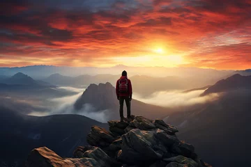 Papier Peint photo Aube  A solitary hiker experiencing peaceful solitude at sunrise on a summit, enjoying a breathtaking view, reflecting on achievement and connection with nature. 