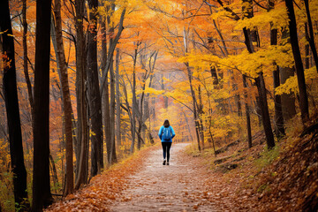 Fototapeta premium A peaceful hike through autumn woods, surrounded by colorful foliage and breathing in the crisp air, witnessing nature's seasonal transformation