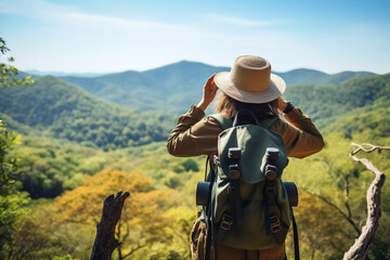  Hikers engage in birdwatching in a national park, observing diverse bird species with binoculars and guidebooks, appealing to nature enthusiasts.
 - obrazy, fototapety, plakaty