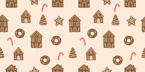 Christmas seamless pattern with gingerbread, cookies and candy. Vector pattern for Christmas, holiday design, textiles, postcard.