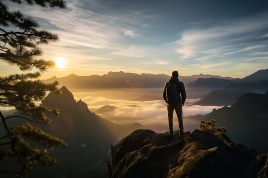  A solo hiker reaches a mountain peak at sunrise, experiencing the early morning tranquility and spectacular views, along with a sense of accomplishment.
