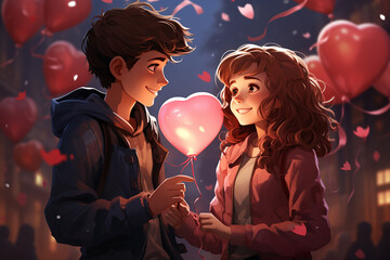 Anime style boy gives girl a heart-shaped balloon, love, Valentine's Day concept - obrazy, fototapety, plakaty