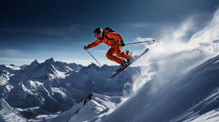 skier jumping on the slope in the mountains - wintersport.  - obrazy, fototapety, plakaty