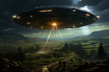 flying saucer (UFO) flying in the sky, aliens, extraterrestrials