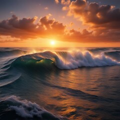 Peaceful sea waves with sunset generative ai
