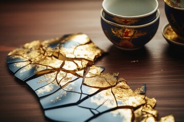 Obraz na płótnie Canvas Antique black and gold Kintsugi bowl. Restoration of golden cracks on old Japanese pottery restored using antique restoration techniques
