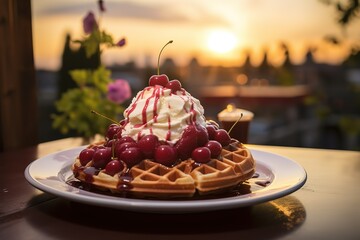a plate of waffles with ice cream and cherries on top - Powered by Adobe