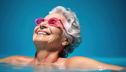 Senior woman swimming wearing pink sunglasses - Powered by Adobe