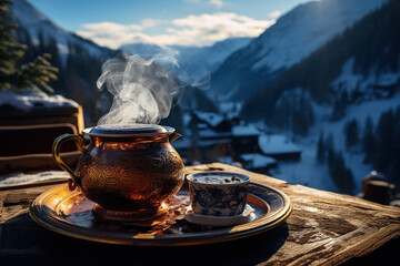 Hot tea high in the mountains. Harmony with nature. Generated by artificial intelligence - obrazy, fototapety, plakaty