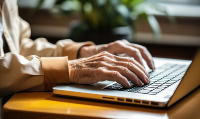 Close-up of an elderly person's hands typing on a laptop keyboard, showcasing the involvement of seniors in the digital world