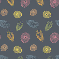 Dark seamless pattern of colorful abstract shapes with 3D line texture