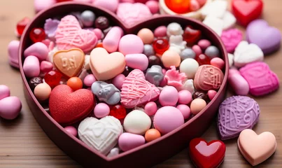 Fotobehang A heart-shaped box full of various Valentine's Day candies and chocolates, adorned with romantic pink and red confections, perfect for gifting © Bartek