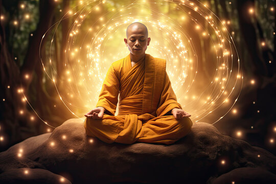 Asian monk meditating in nature with glowing chakra light