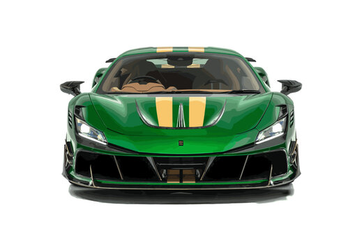recommend clip art: Ferrari sport car icon. Green Ferrari Mansory F8XX auto icon. Front view of racing auto. Editorial green sport car Ferrari Mansory F8XX. Isolated sport car view. Vector icon