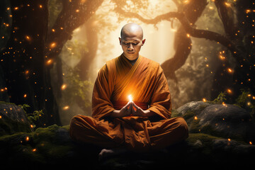 Asian monk meditating with glowing chakra light in a temple