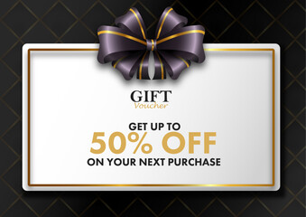  white and black vector voucher design with a bow and golden luxury elements. Vector illustration. Design for invitation, certificate, gift coupon, voucher, diploma etc.