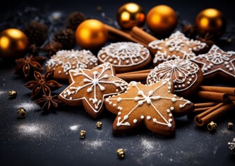 Christmas background with branches and cookies decorations, AI generated
