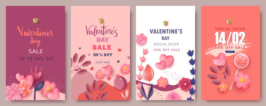 Templates for Valentine's Day.A post on social media with flowers and hearts.Sales promotion on Valentine's Day.Vector illustration for greeting cards, mobile applications, banner design