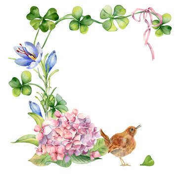 Frame with clover, flowers and bird watercolor illustration isolated on white. Painted shamrock and saffron. St.Patricks day card hand drawn. Design element for Irish, Easter, springtime holidays