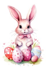 Cute pink rabbit with painted Easter eggs on a white background. Watercolour