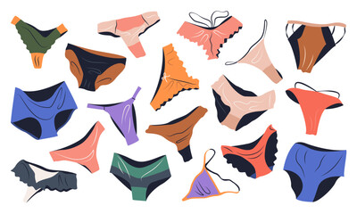 Set of panties, underwear for women. Fashion collection with various types of underclothing. String, thong, tanga, bikini. isolated cartoon vector illustrations with lingerie on white background.