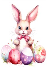 Cheerful pink bunny with painted Easter eggs on a white background. Watercolor