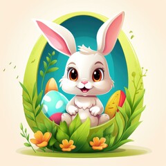 Cute bunny sitting in an Easter egg on a white background. Fun Easter cartoon illustration for children
