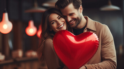 Couple in love holding big red heart and smiling.  - Powered by Adobe