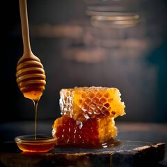 Honey dripping from a stick, two honeycomb.