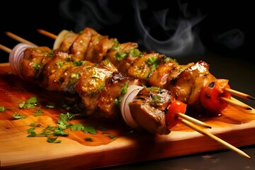 Shish kebab on the grill, grilled meat with vegetables, shashlik kebab on skewers wooden kitchen...