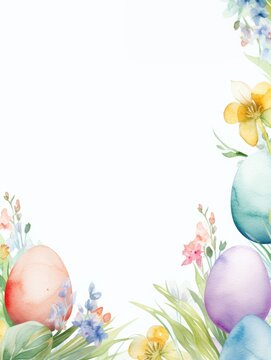 Watercolor drawing. White background framed with a pattern of flowers and Easter eggs. Copy space