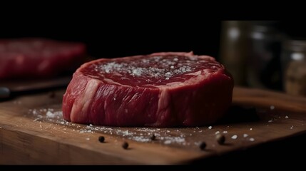 Raw beef steak with spices; salt, pepper on cutting kitchen wooden board.