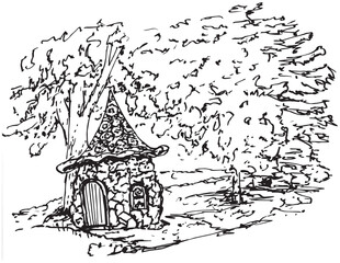 Ink sketch of a Fairy-tale Mushroom House on Autumn Boulevard, a vector line art drawing