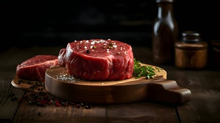 Raw beef steak with spices; salt, pepper on cutting kitchen wooden board.