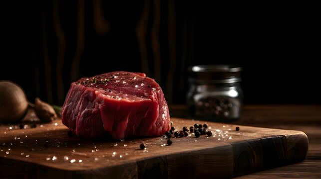 Raw Beef Steak With Spices; Salt, Pepper On Cutting Kitchen Wooden Board.