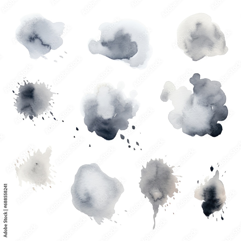 Poster set of watercolor paint stains blobs and splashes on white