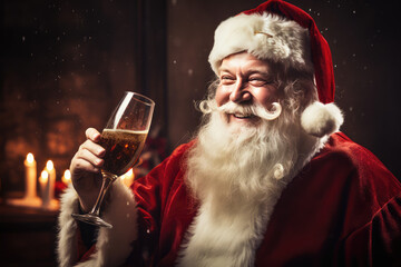 Santa Claus holding a glass and drinking a beer while smiling - obrazy, fototapety, plakaty